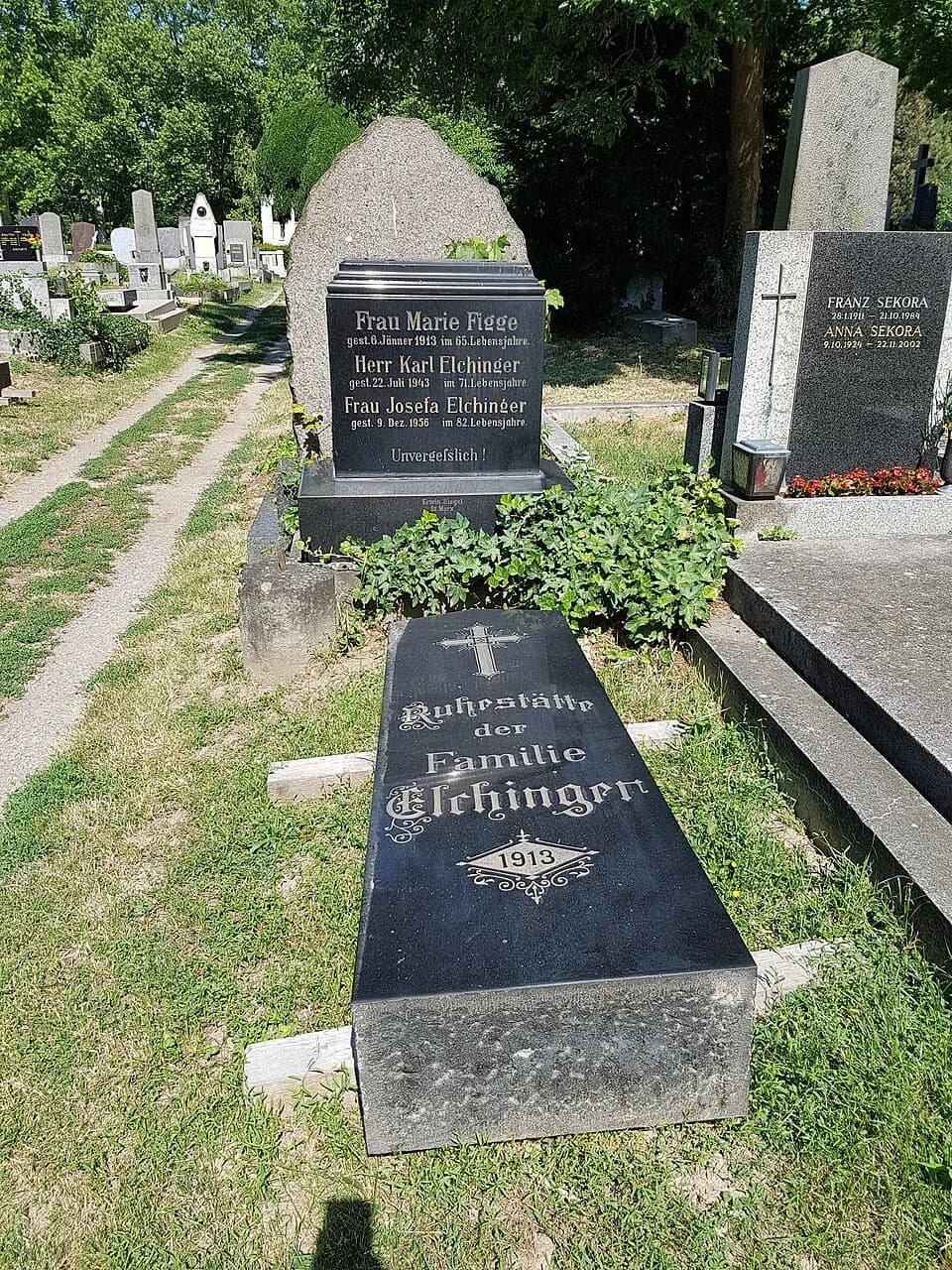 Graham Greene - On the path to the left of the Elchinger family grave, Harry Lime's grave was faked at the Vienna Central Cemetery during the filming of the movie "The Third Man" (Group 43A, Row 14, N
