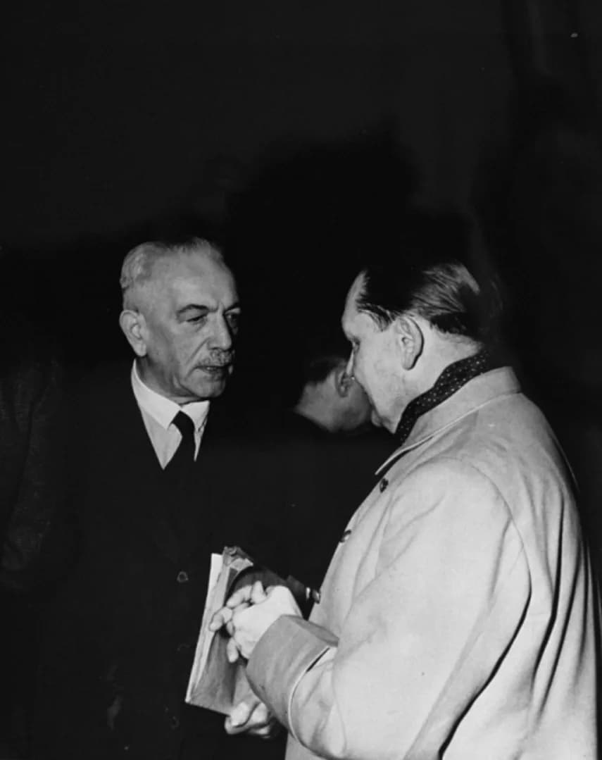 Hermann Göring - Defendants Constantin von Neurath and Hermann Goering talk during a recess at the International Military Tribunal trial of war criminals at Nuremberg.