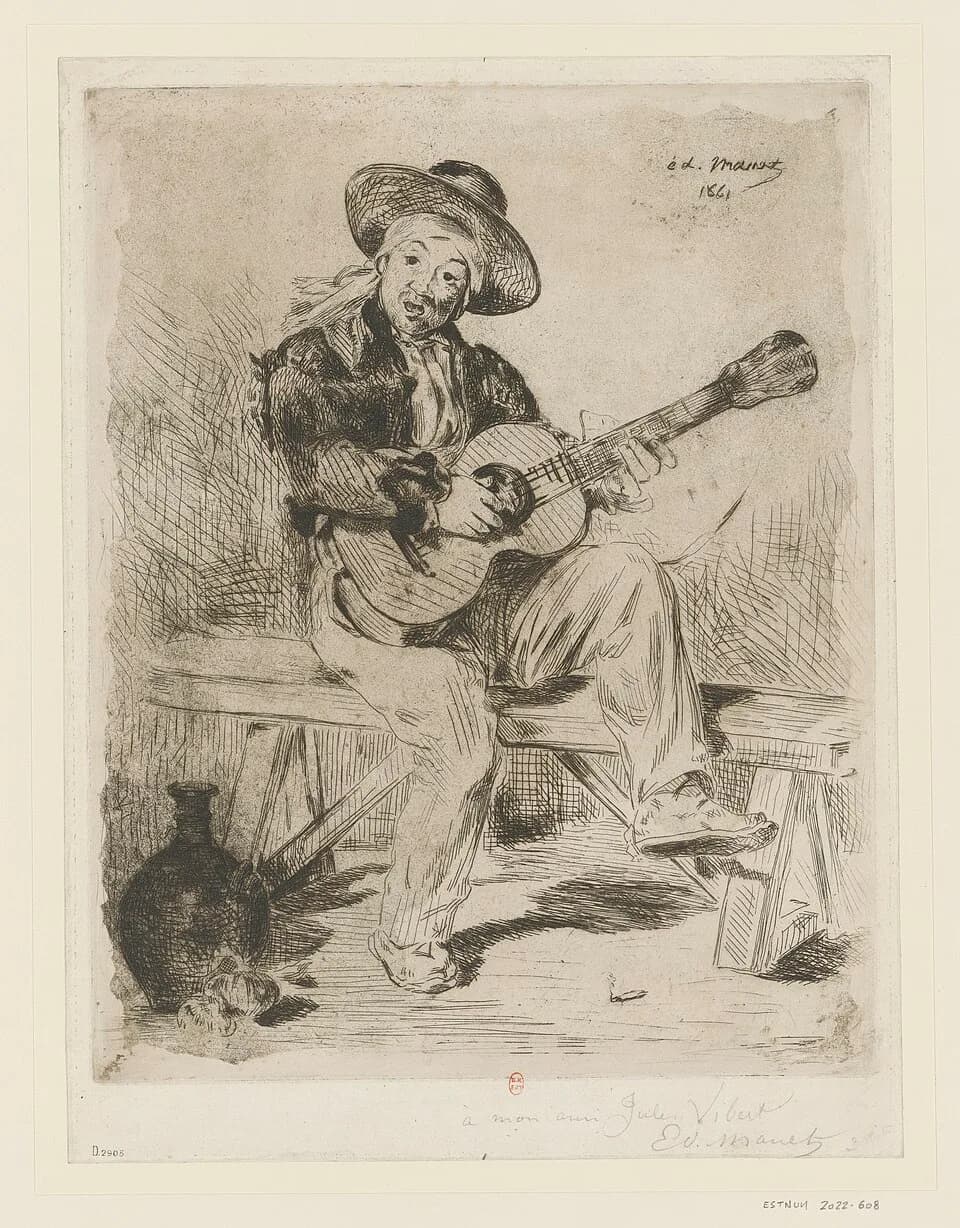 Édouard Manet - Sujet : Chanteurs espagnols
Guitaristes
Portraits -- 1800-1869
Ancien possesseur : Moreau-Nélaton, Étienne (1859-1927). Ancien possesseur. Donateur
Référence bibliographique : Moreau-N