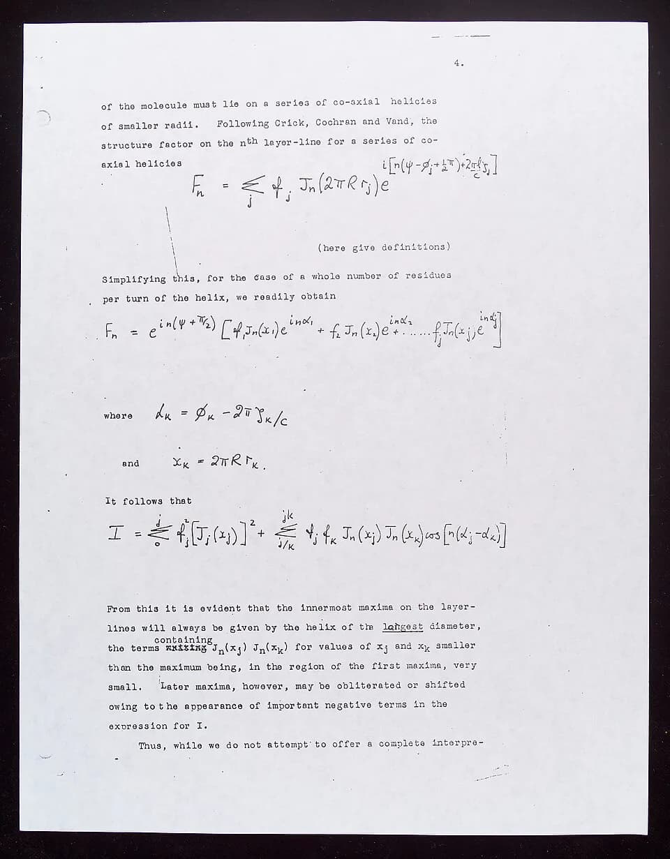 Rosalind Franklin - A Note of Molecular Configuration in Sodium Thymonucleate. Rough Draft by Rosalind E. Franklin and R. G. Goslinh. Page 4
Archives & Manuscripts
Keywords: DNA