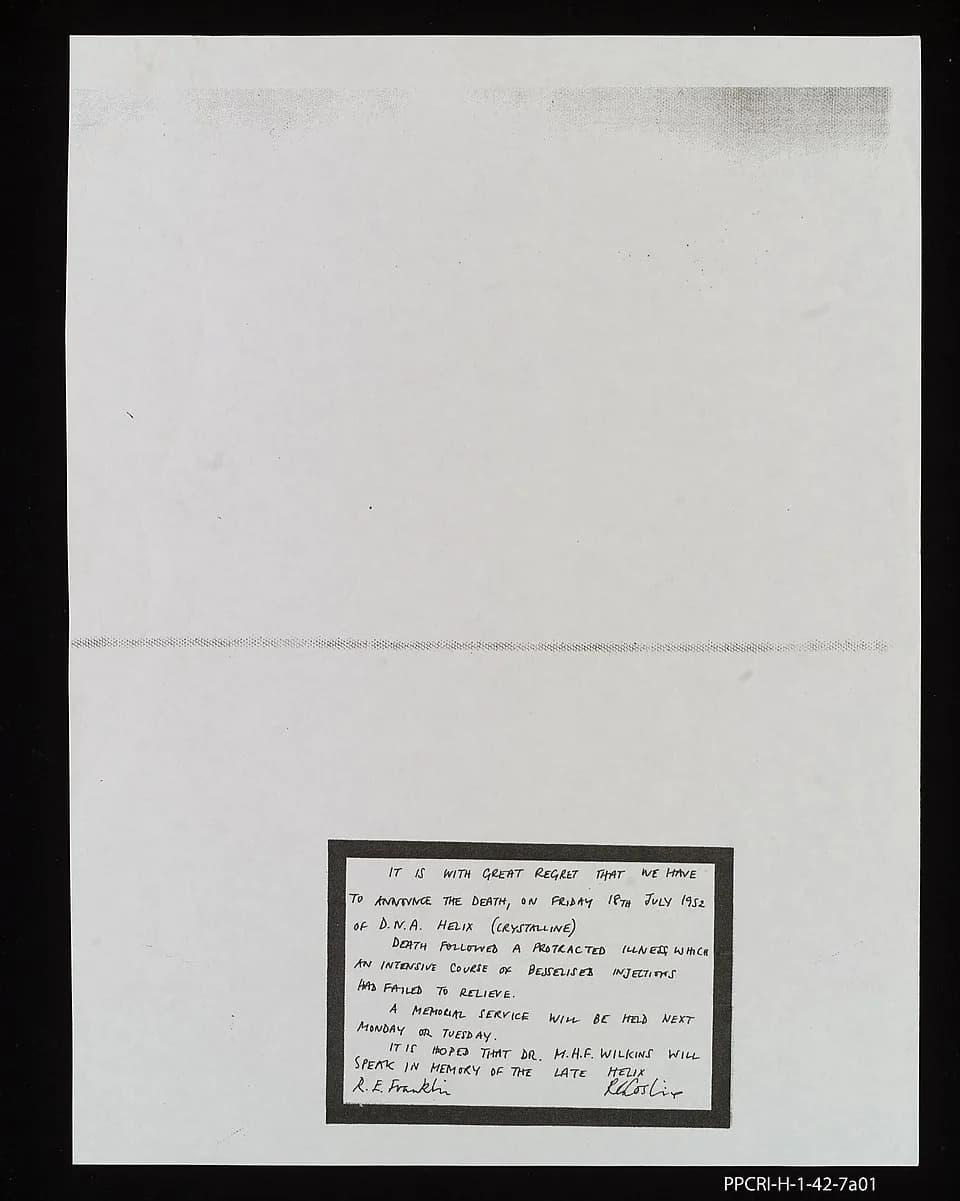 Rosalind Franklin - A satirical note, in the style of an in memoriam card, sent to Maurice Wilkins and signed by Franklin and Gosling, with the following text (holograph, Franklin's hand): "It is with