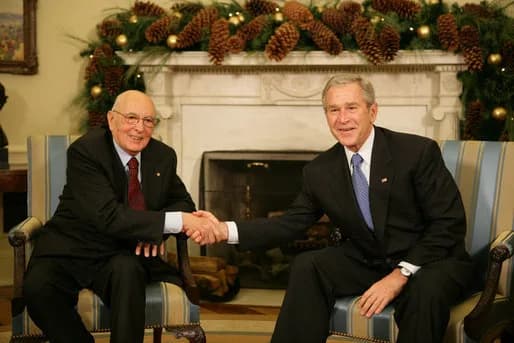 Giorgio Napolitano - President George W. Bush and President Giorgio Napolitano exchange handshakes during the Italian leader's visit Tuesday, Dec. 11, 2007, to the White House. President Bush told his