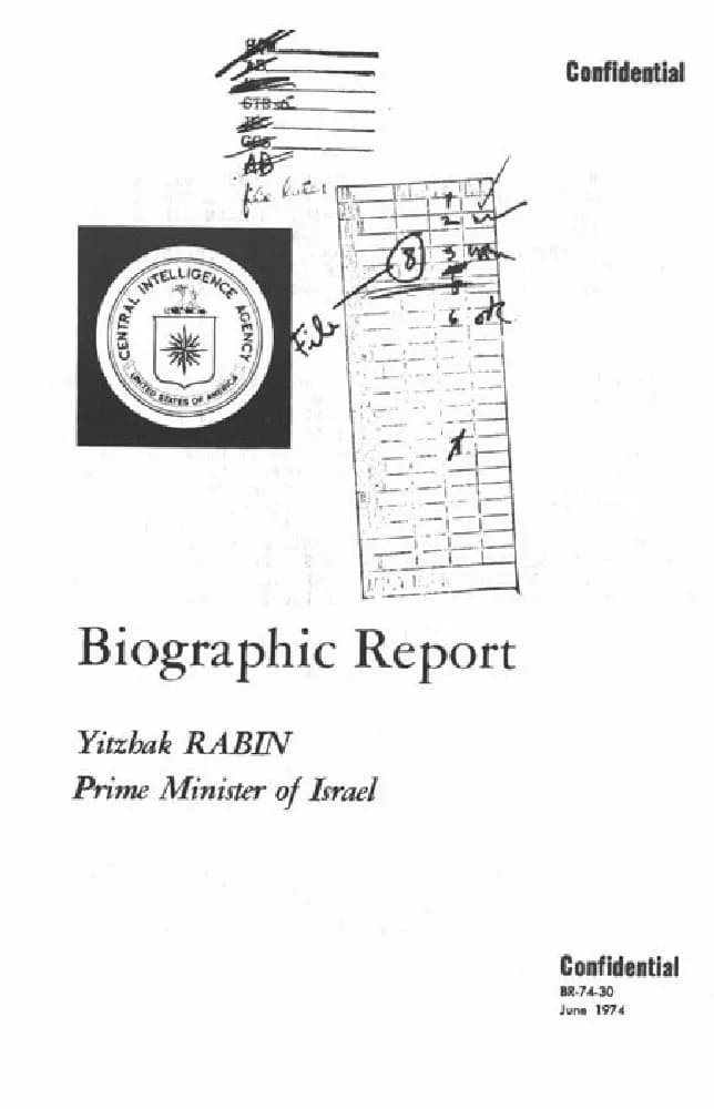 Yizhak Rabin - Cover of a confidential CIA "Biographic Report" on Yitzhak Rabin, dated June 1974. It was among the documents seized from the US Embassy in Tehran in 1979 by Iranian students.