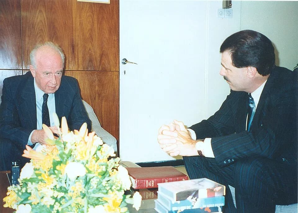 Yizhak Rabin - [#//www.google.com/profiles/dr.mikedevans* Mike Evans] having a conversation with Israel's Prime Minister Yitzhak Rabin.