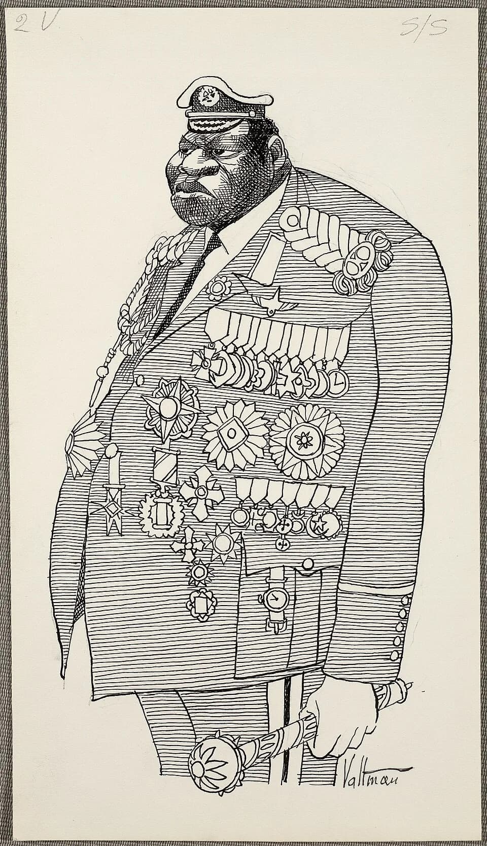 Idi Amin - "Caricature shows Idi Amin, President of Uganda from 1971 to 1979 as a bloated, powerful figure in military dress covered with medals and insignia, holding a sceptor, and crowned by a small