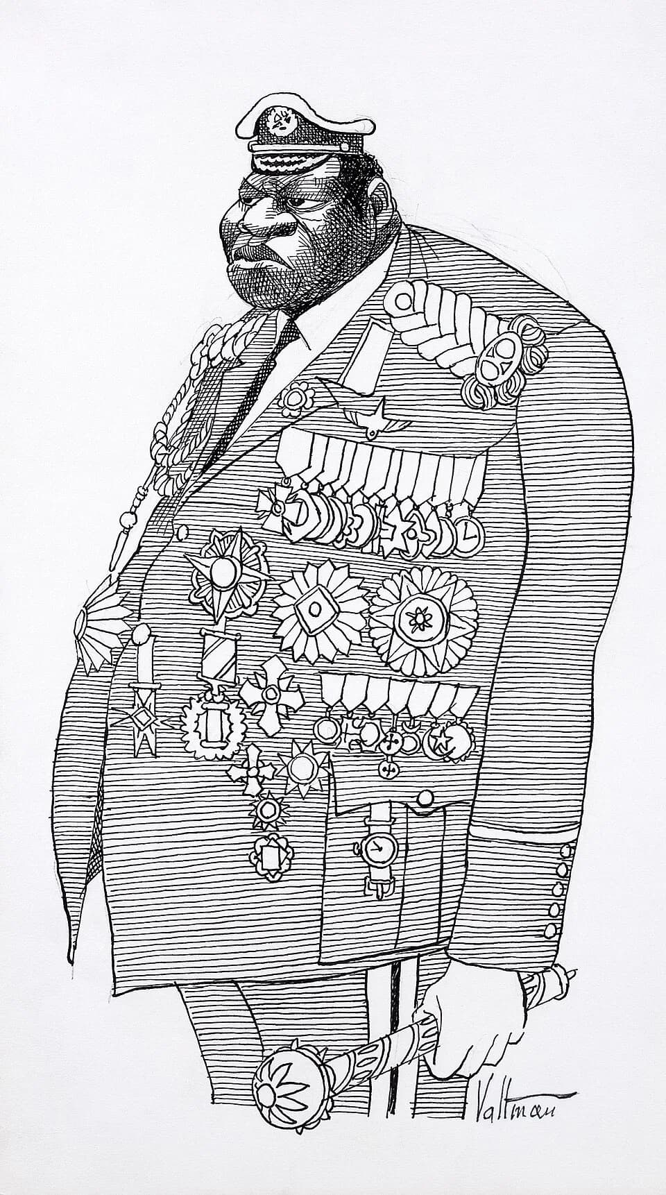 Idi Amin - "Caricature shows Idi Amin, President of Uganda from 1971 to 1979 as a bloated, powerful figure in military dress covered with medals and insignia, holding a sceptor, and crowned by a small