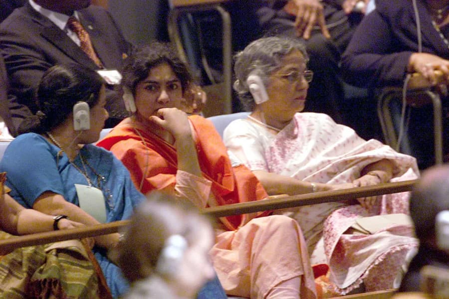 Manmohan Singh - Smt. Gursharan Kaur the Wife of the Prime Minister Dr. Manmohan Singh, listens to the speaker addressing the 59th UN General Assembly in New York on September 23, 2004.