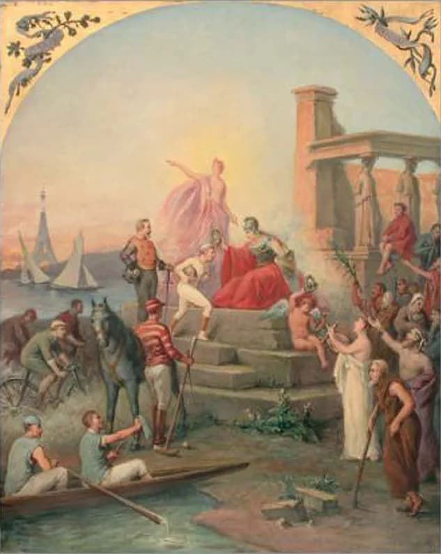 Pierre de Coubertin - painting with the title “Rétablissement des Jeux Olympiques - Allégorie aux Sports”

used as cover page for the journal “Revue Olympique” from 1906 to 1908 and 1910 to 1914