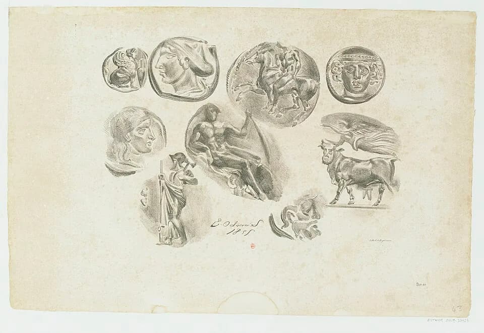 Eugène Delacroix - Sujet : Monnaies grecques
Représentations d'objet -- 1800-1869
Ancien possesseur : Moreau-Nélaton, Étienne (1859-1927). Ancien possesseur. Donateur
Référence bibliographique : Morea