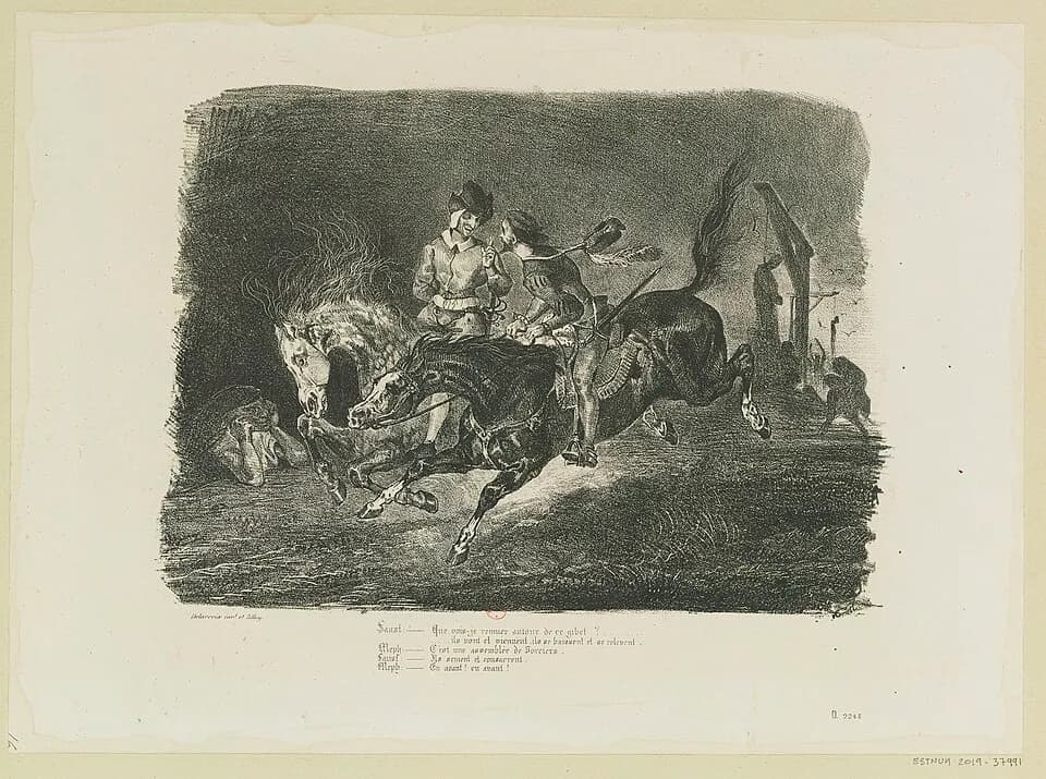 Eugène Delacroix - Sujet : Faust (personnage légendaire)
Méphistophélès (personnage légendaire)
Goethe, Johann Wolfgang von (1749-1832). Faust
Delacroix, Eugène (1798-1863). Faust
Nuit de Walpurgis
Po