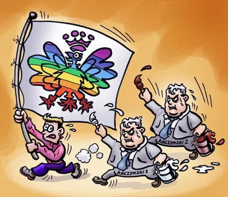 Lech Kaczyński - Cartoon about Gay Parade in Poland, frustrated by Kazcynski brothers