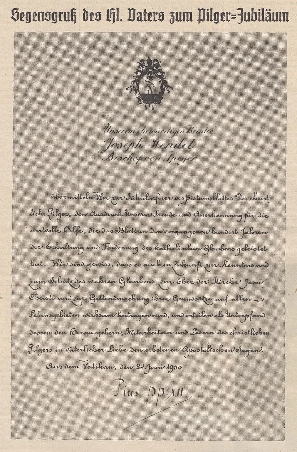 Pius XII - Pius XII., Glückwunschschreiben zum 100. Jubiläum des Pilger in Speyer