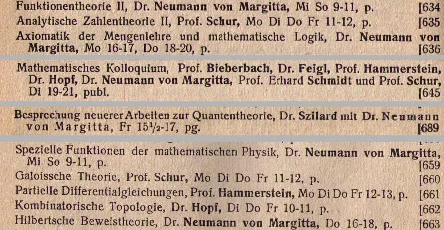 John von Neumann - Scan of lectures of von Neumann in course catalogues Berlin 1928/29 (Friedrich-Wilhelms-Universität)