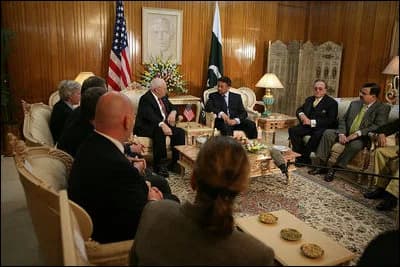Pervez Musharraf - Vice President Dick Cheney discusses earthquake relief efforts with Pakistani President Pervez Musharraf.