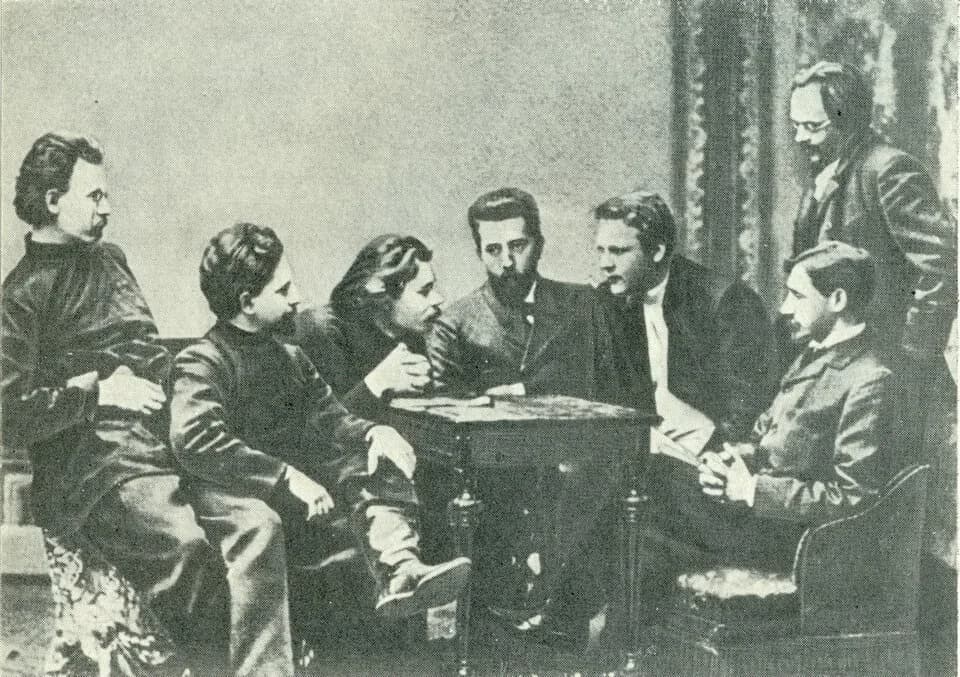 Ivan Bunin - Group of participants of «wednesday». From left to right: S.G.Skitalets, L.N.Andreev, M.Gorky, N.D.Teleshov, Russian bass, en:Feodor Chaliapin (1873 - 1938), I.A.Bunin, E.N.Chirikov, 1902