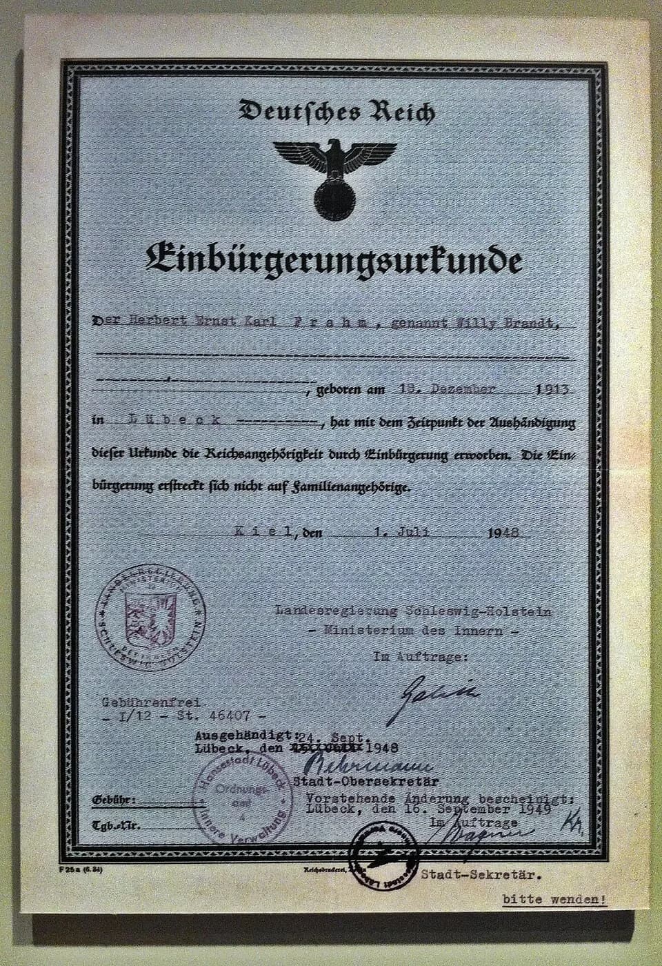 Willy Brandt - German naturalization certificate for Herbert Frahm/Willy Brandt