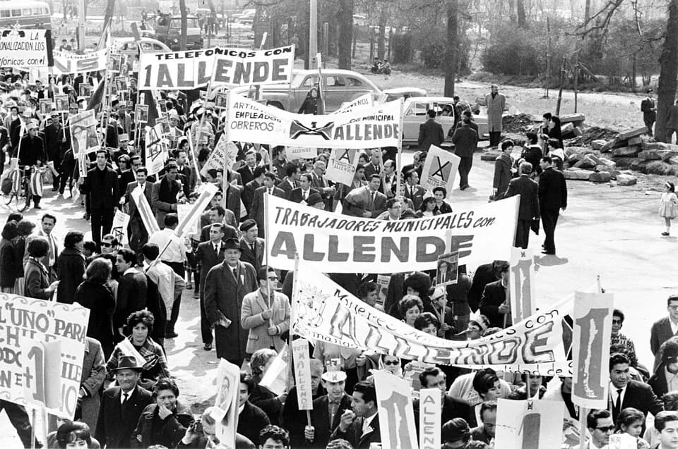 Salvador Allende - Marchers for Salvador Allende. A crowd of people marching to support the election of Salvador Allende for president in Santiago, Chile.
