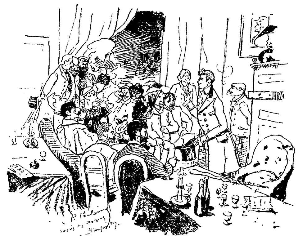 Paul Verlaine - Dessin de Paul Verlaine (1844-1896) : Une soirée chez Paul Verlaine à l'hôtel meublé de l'impasse Royer-Collard en 1889.