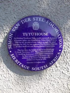 Desmond Tutu - Blue plaque on the family home of Desmond and Leah Tutu since 1975. They celebrated their 50th wedding anniversary here, and it continues to be their Johannesburg residence. An addition