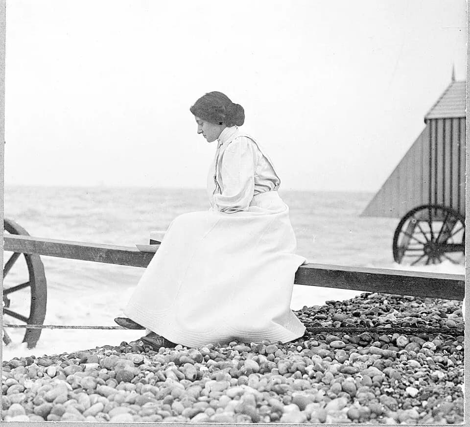 Thomas Hardy - Black-and-white photographic portrait of Florence Hardy, wife of the English writer Thomas Hardy, at the seashore. Image courtesy of the Beinecke Rare Book & Manuscript Library, Yal