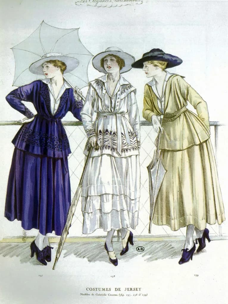Coco Chanel - Illustration showing three women in day outfits by "Gabrielle Channel" (sic) consisting of belted tunic jackets and full jersey skirts for March, 1917