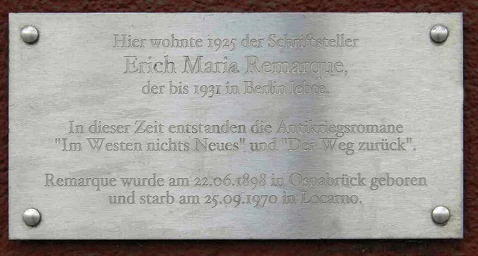 Erich Maria Remarque - Memorial plaque, Erich Maria Remarque, Kaiserdamm 114, Berlin-Charlottenburg, Germany
