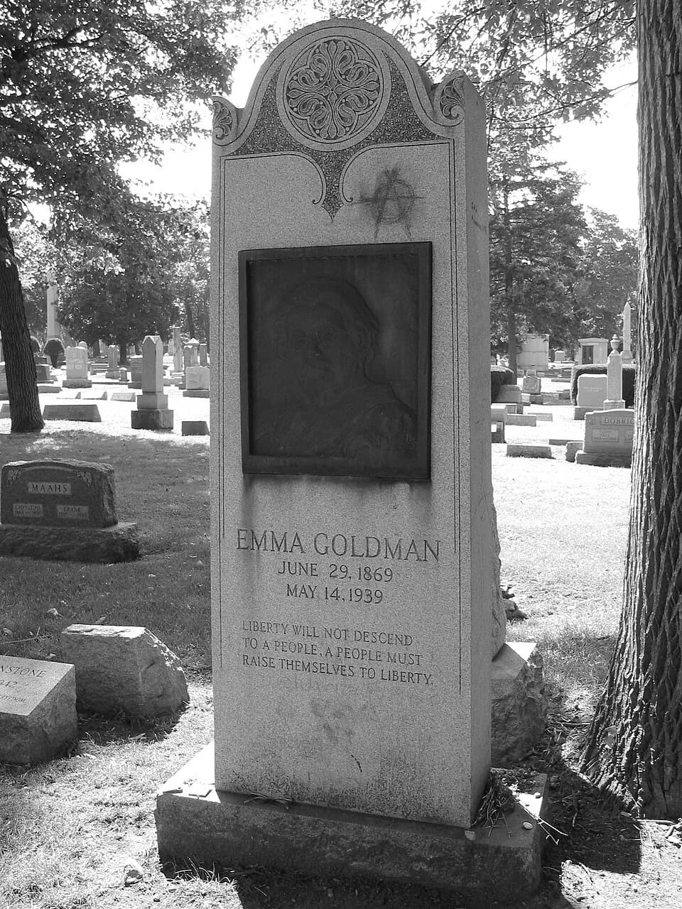 Emma Goldman - Note: Emma Goldman died on May 14, 1940, not 1939 as shown on the marker.
Inscription
"Liberty will not descend to a people, a people must raise themselves to liberty"
Charles Caleb Co