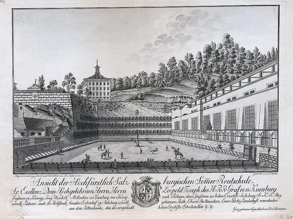 Stefan Zweig - Ansicht der hochfürstlichen salzburgischen Sommer-Reutschule, Kupferstich (laviert), um 1790, gestochen von F. Müller nach August Franz Heinrich von Naumann