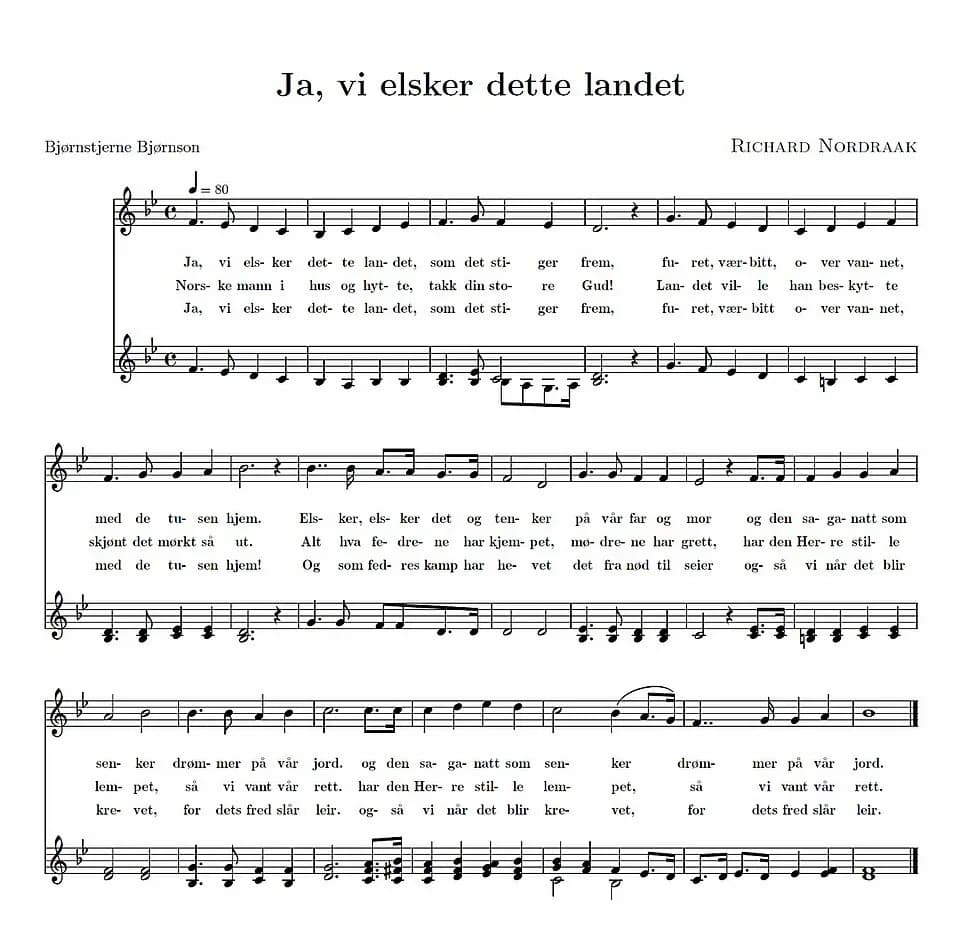 Bjørnstjerne Bjørnson - Notes of the national anthem of Norway in B-flat major. The original arrangement by Rikard Nordraak in E major can be found here: File:Fedrelandssang ferdig.svg