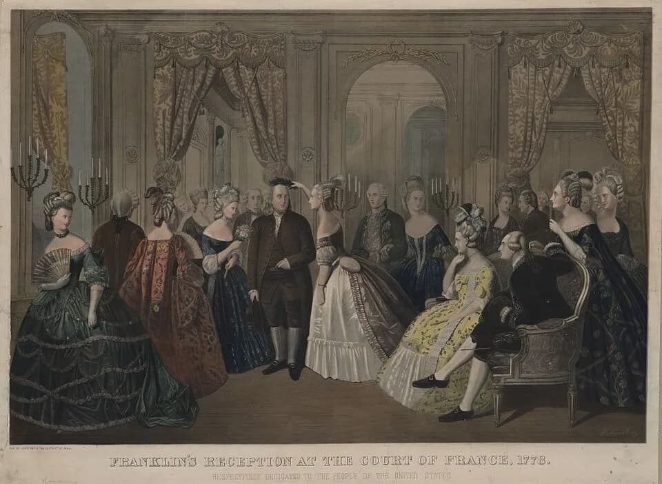 Louis XVI of France - "Benjamin Franklin's reception at the court of France, 1778. Respectfully dedicated to the people of the United States." Print shows Benjamin Franklin receiving a laurel wreath u
