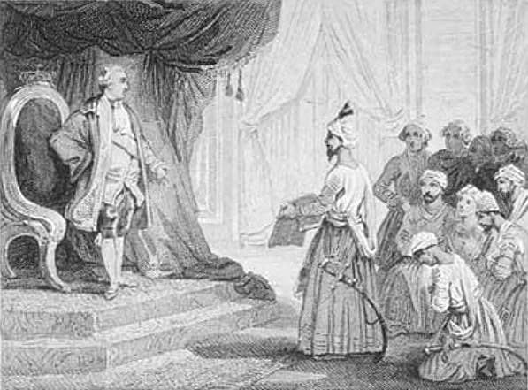 Louis XVI of France - Voyer after Charles Emile Wattier (French, 1800-1868): Louis XVI Receives the Ambassadors of Tipu Sultan in 1788, 19th century (before 1863), line engraving, for a illustration 1