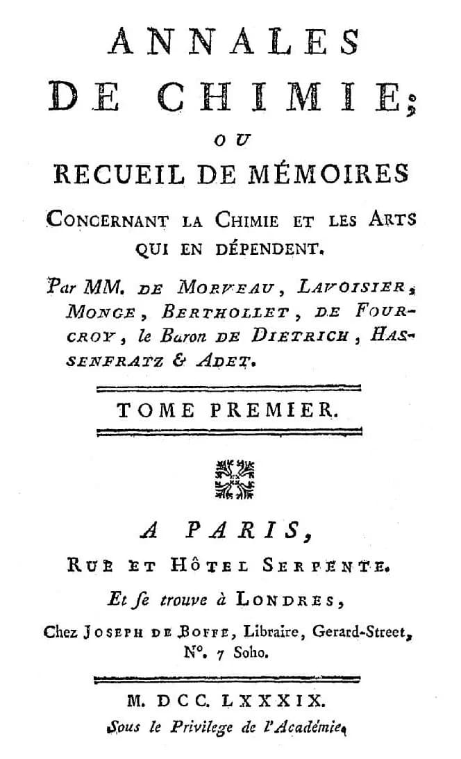 Antoine Lavoisier - Titlepage Annales de Chimie 1789