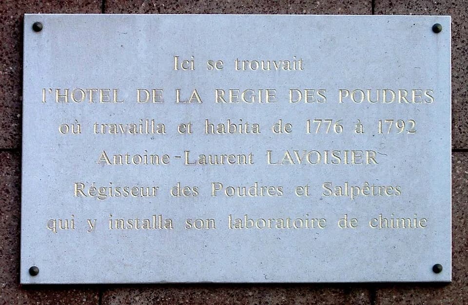 Antoine Lavoisier - Plaque in memory of Antoine (de) Lavoisier: 1 rue Bassompierre, Paris 4th arrondissement