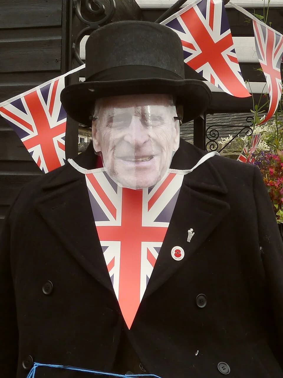 Prince Philip, Duke of Edinburgh - A scarecrow exhibit at Baildon Scarecrow Festival, 2023, in Baildon, West Yorkshire, England. It was a one-day festival and in the afternoon there was light rain. Th