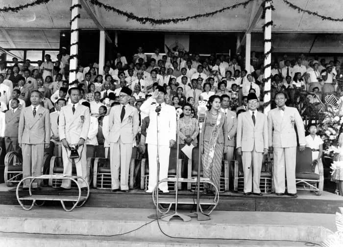 Sukarno Sukarno - President Soekarno and vice president Hatta at the opening ceremony of the National Olympic Week (Pekan Olahraga Nasional) at Djakarta
