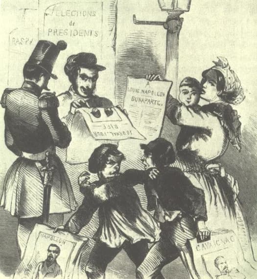 Napoleon III - From the presidential campaign in France 1848. Two boys are fighting, one for Louis Napoleon and one for Cavaignac. Woodcut, published in “Illustrierte Zeitung”, 1848
