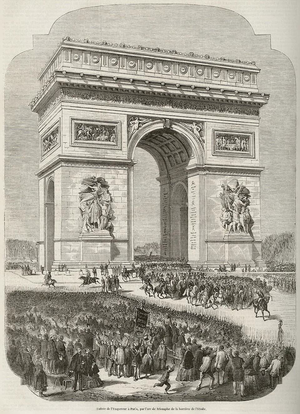 Napoleon III - An illustration of Napoléon III's symbolic arrival in Paris, via the Arc de Triomphe, to commemorate the establishment of the Second Empire.