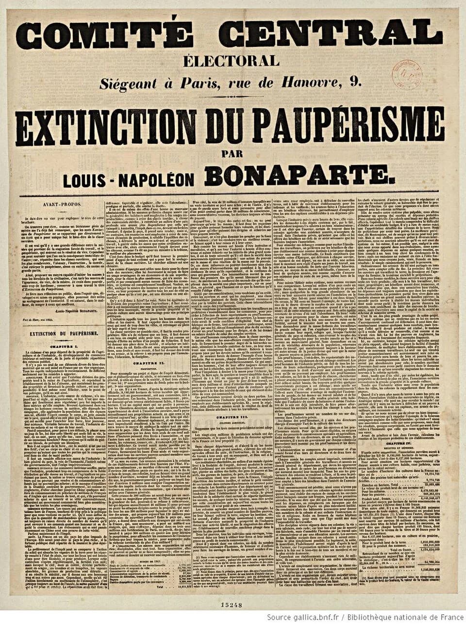 Napoleon III - Louis-Napoléon Bonaparte, Comité central Électoral Siégeant à Paris, rue de Hanovre, 9. Extinction du paupérisme. Reproduction de 5 chapitres de la brochure du prince, impr. recto-verso