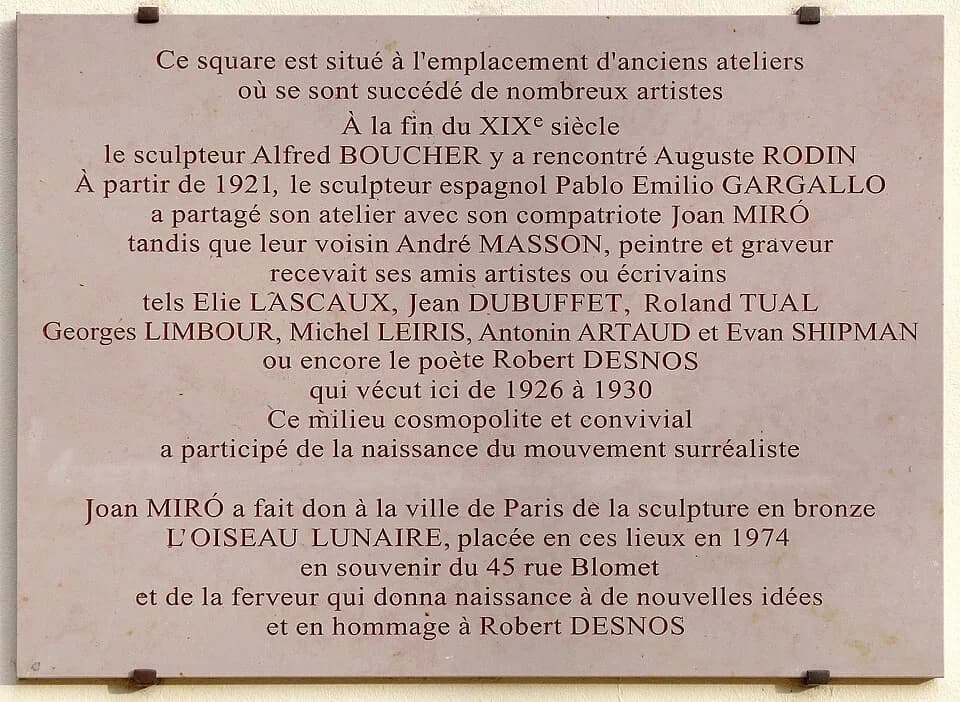 Auguste Rodin - Plaque apposée à l'intérieur du square de l'Oiseau lunaire, Paris (15e arrond.).