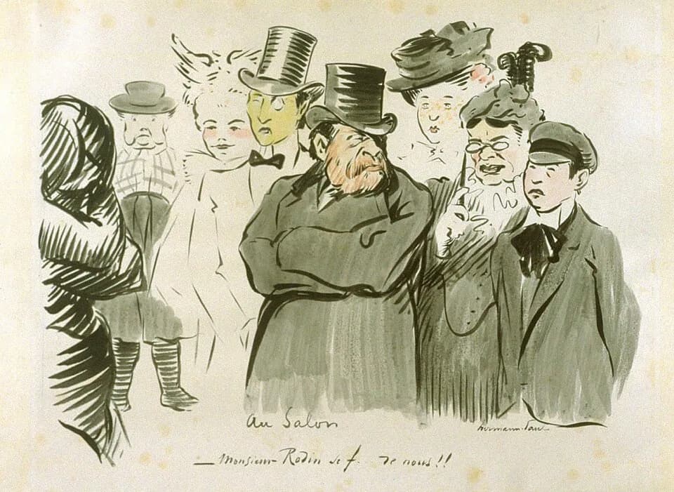 Auguste Rodin - At the Salon- Monsieur Rodin is making fun of us!! Pen and black ink, gray wash and watercolor. Fine Arts Museums of San Francisco.