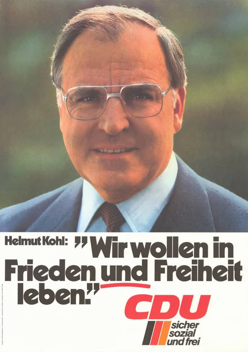 Helmut Kohl - Helmut Kohl: "Wir wollen in Frieden und Freiheit leben." CDU sicher sozial und freiAbbildung:PorträtfotoPlakatart:Kandidaten-/Personenplakat mit PorträtAuftraggeber:CDU-Bundesgeschäftsst