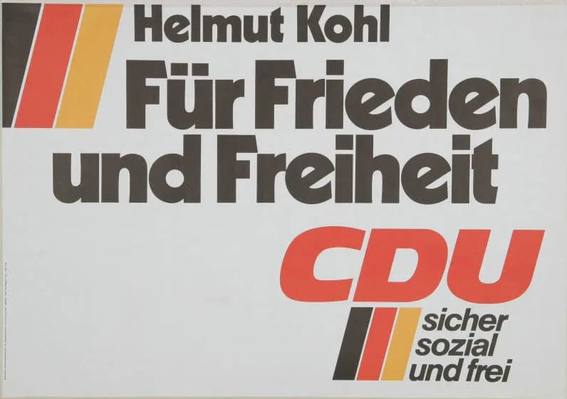 Helmut Kohl - Helmut Kohl  Für Frieden  und Freiheit CDU sicher sozial und freiAbbildung:NationalfarbenPlakatart:Kandidaten-/Personenplakat ohne PorträtAuftraggeber:CDU-Bundesgeschäftsstelle, Abt. Öff