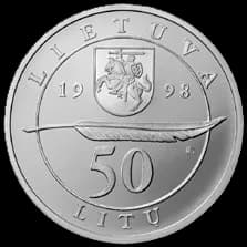 Adam Mickiewicz - 50 litas coin
issued to commemorate the 200th birth Anniversary
of Adomas Mickevičius
    
Silver Ag 925 
Quality proof 
Diameter 34.00 mm
Weight 23.30 g 
The words on the edge of th