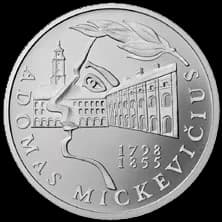 Adam Mickiewicz - 50 litas coin
issued to commemorate the 200th birth Anniversary
of Adomas Mickevičius (Adam Mickiewicz)
    
Silver Ag 925 
Quality proof 
Diameter 34.00 mm
Weight 23.30 g 
The words