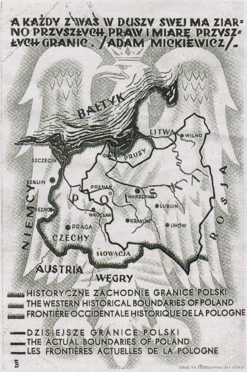 Adam Mickiewicz - Post cart from Polish Libraries, June 1939, comparing "the actual boundaries of Poland" of the time with "the western historical boundaries of Poland" including Czechoslovakia and la