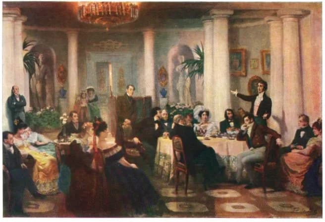Adam Mickiewicz - Г. Г. Мясоедов. В салоне Зинаиды Волконской.
Время создания
1899—1905 (1905—1907? 1908?)
Материалы и техника
Холст, масло
Размер
177,3×268,5
Варианты названия
Пушкин и его друзья слу