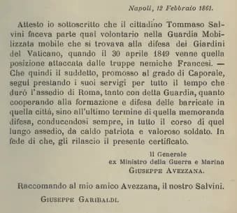 Giuseppe Garibaldi - Encomio a Tommaso Salvini per la difesa di Roma del 30 Aprile 1849
