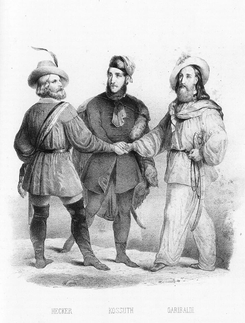 Giuseppe Garibaldi - Lithographie, 1848. Hecker, Kossuth, Garibaldi.