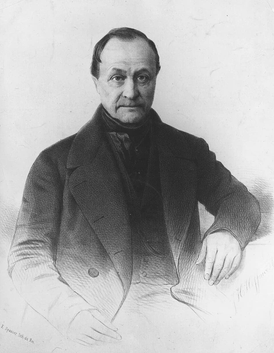 Auguste Comte - Half-length portrait of Auguste Comte, seated, known as the "Dutch portrait" (Portrait hollandais), produced after a daguerreotype of Comte taken in 1849
