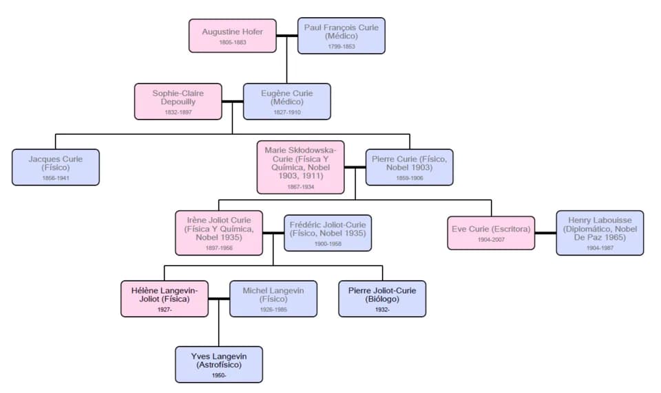 Pierre Curie - Curie´s family tree. Womens in pink color and Mens in blue color